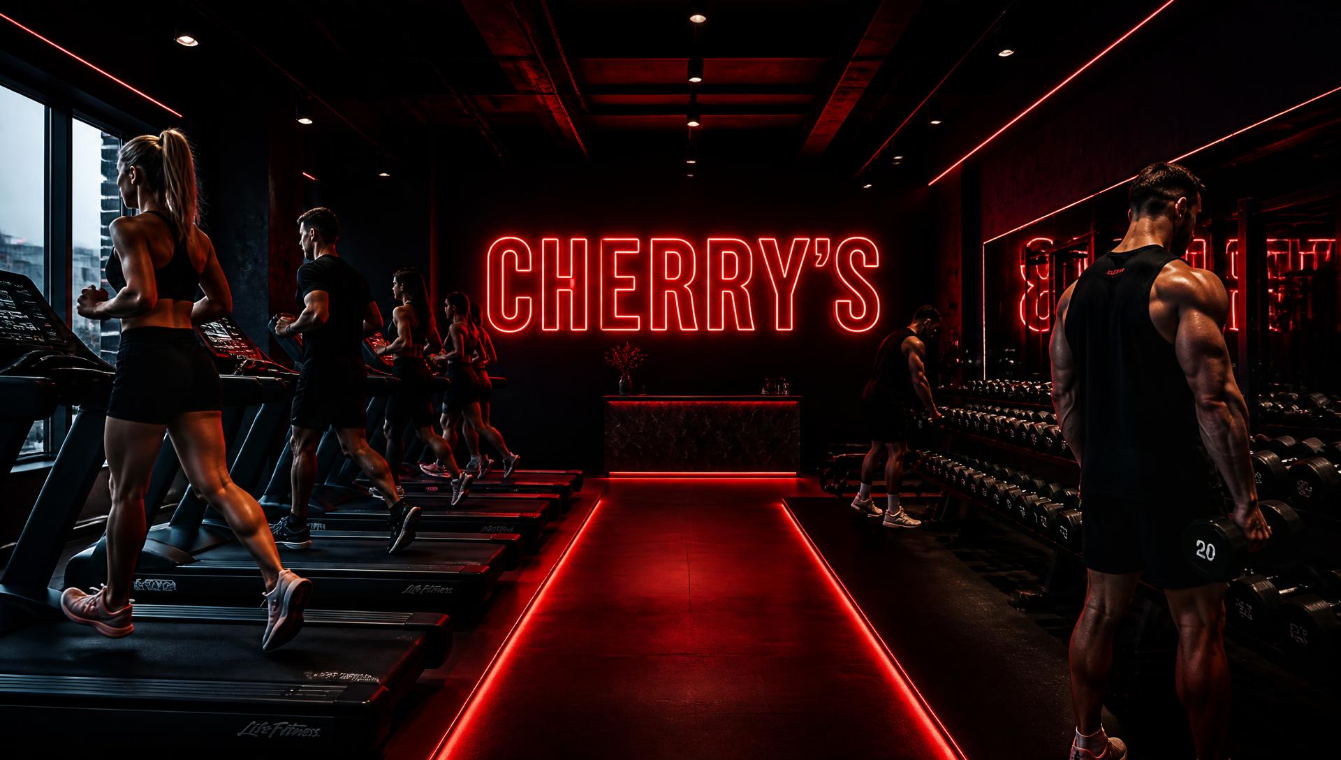 Csoportos edzés vörös neonfényben, a háttérben a CHERRY'S felirat